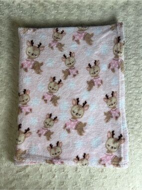Walmart Parent's Choice Pink Reindeer Baby Girl Blanket Tan White Snowflakes